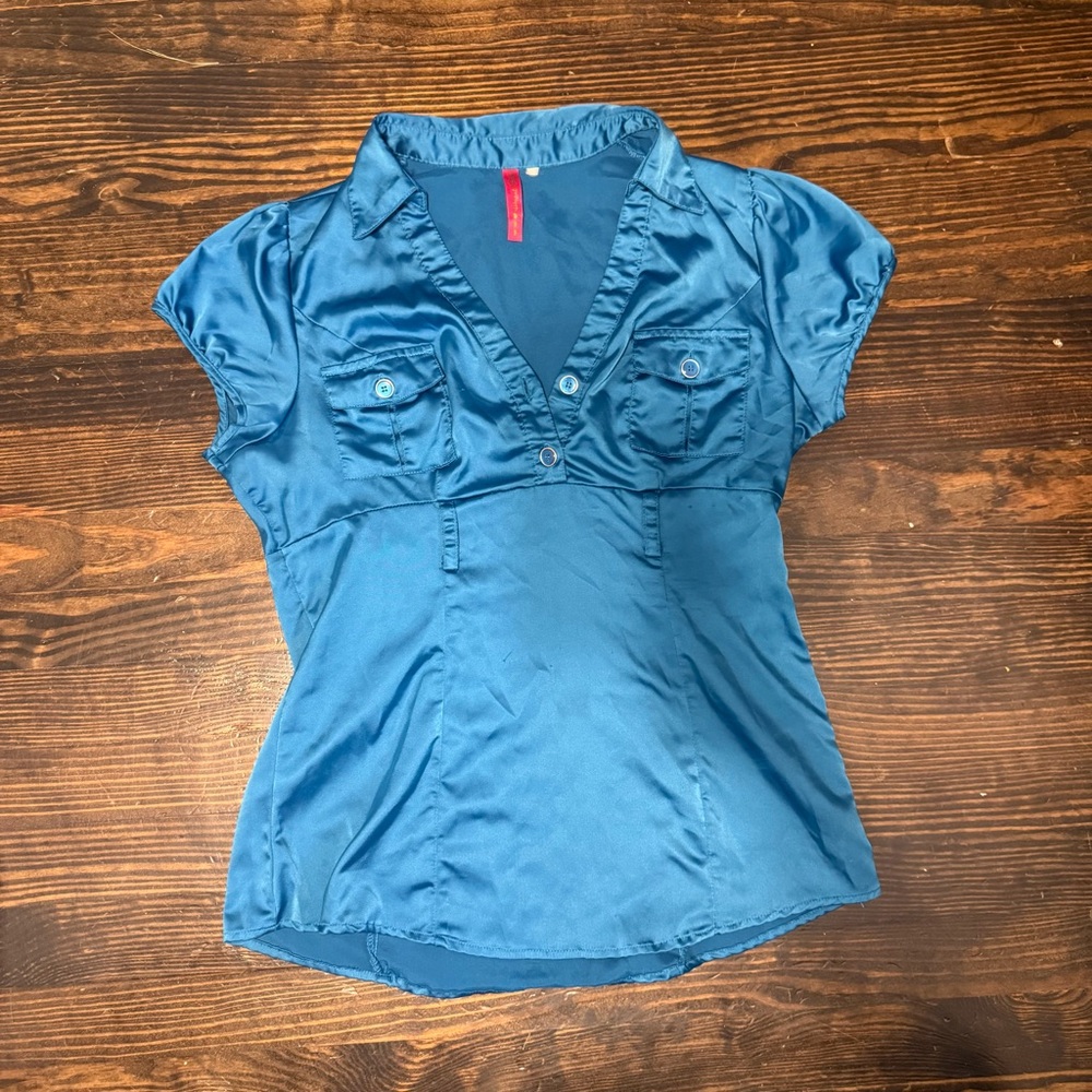 Heart Soul Teal Satin Cap-Sleeve V-Neck Blouse
